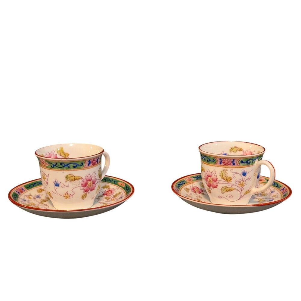 Vintage Royal Chelsea England Tennyson Pink Green Set of 2 Tea Cups & Saucers
